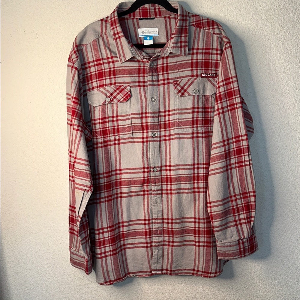 Columbia Red and Gray‎ Plaid Casual Button Down Shirt